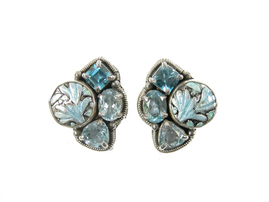 31914 Hand Enameled, Blue topaz, Sterling Silver Earrings