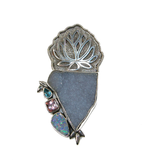 22425 Lotus Drusy Opal Sterling Silver Pin and Pendant