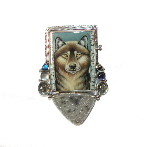 Hand Painted Wolf Drusy Sterling Silver Pin and Pendant