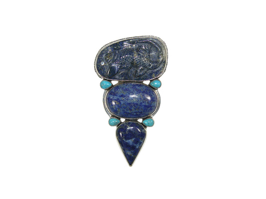 33302 Carved Lapis, Turquoise Sterling Silver Pin and Pendant