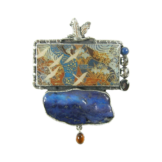 Crane Hand Made Tile, Blue Lapis Sterling Silver Pin and Pendant