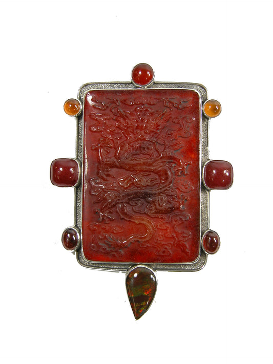22247 Carved Agate, Carnelian, Hessonite Sterling Silver Pin and Pendant