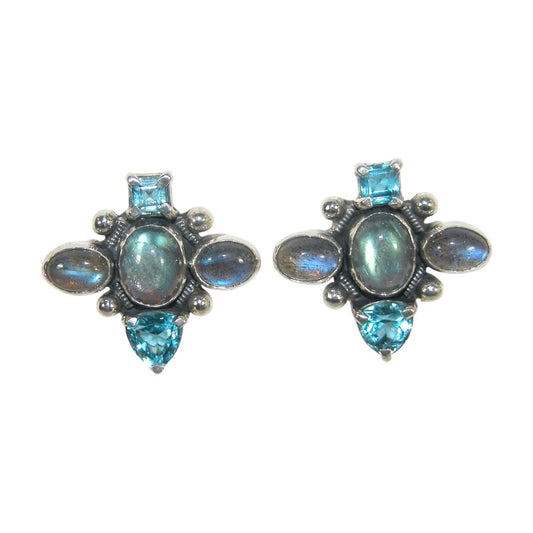 32929E Labradorite, Blue Topaz Cluster Sterling Silver Earrings
