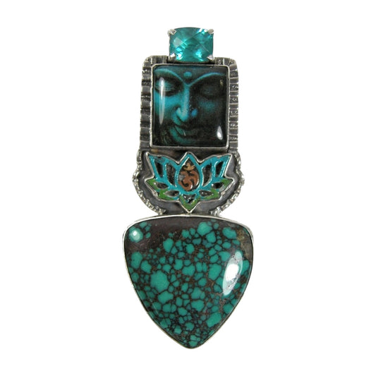 30404 Blue Buddha Tile Turquoise Sterling Silver Pin Pendant