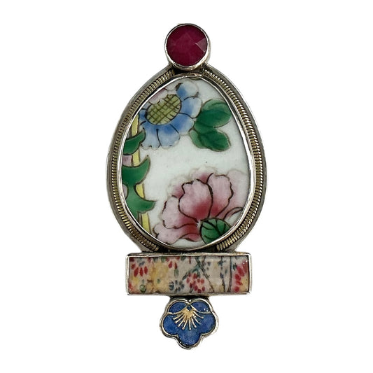 32303 Hand Painted Porcelain Floral Sterling Silver Pin and Pendant