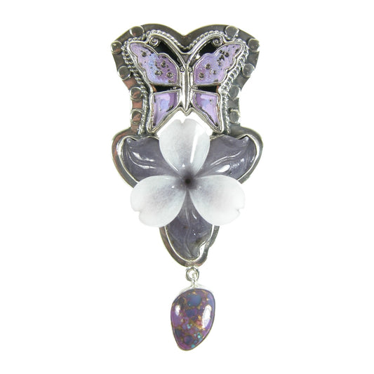 31086 Hand Enamel Butterfly, Turquoise, Purple Agate Sterling Silver Pin and Pendant