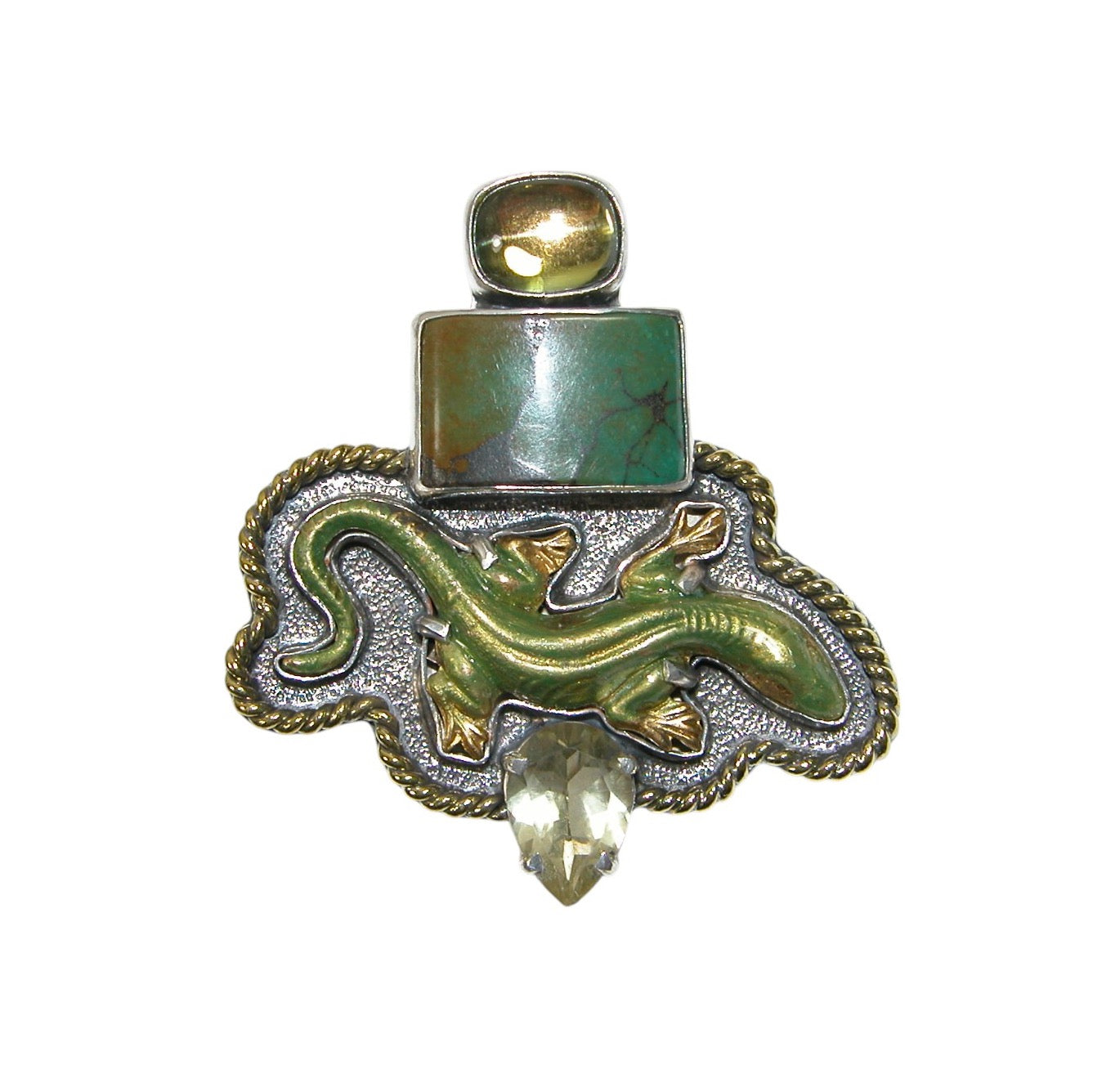 Hand Enamel Lizard, Celestial Quartz, Citrine Sterling Silver Pin and Pendant