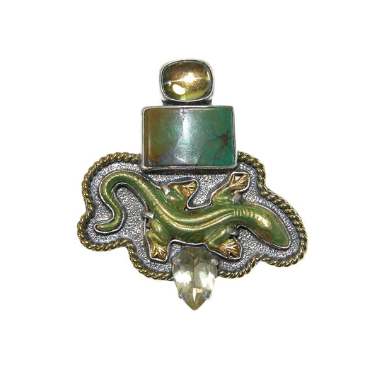 Hand Enamel Lizard, Celestial Quartz, Citrine Sterling Silver Pin and Pendant