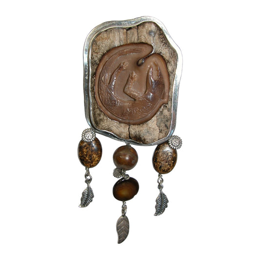 10173 Hand Carved Mammoth Ivory, Brownzite, Mother of Pearl Sterling Silver Pin and Pendanted