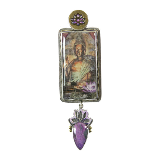 30356 Hand Made Tile, Buddha Purple Turquoise Sterling Silver Pin and Pendant