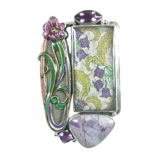 30881 Handmade Purple Flower Tile Amethyst Sterling Silver Pin Pendant
