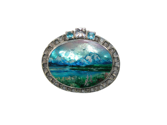 34188 Hand Painted Mother of Pearl Landscape Pin & Pendant