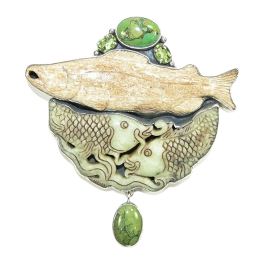28954 Carved Fish Turquoise Sterling Silver Pin Pendant