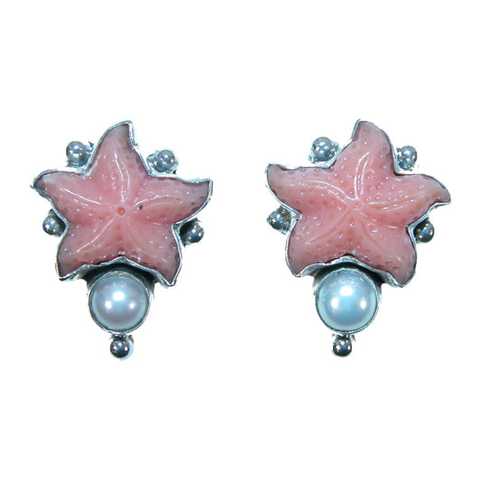 31963 Coral Freshwater Pearl Starfish Sterling Silver Earrings