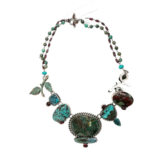 Hand Carved Turquoise Butterfly, Garnet Sterling Silver Necklace