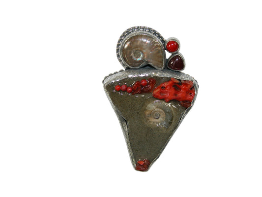 34182 Fossilized Ammonite, Spiny Oyster, Coral, Pin & Pendant