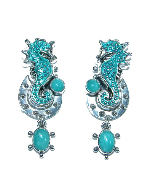 32141 Hand Enameled Seahorse, Turquoise, Sterling Silver Earrings