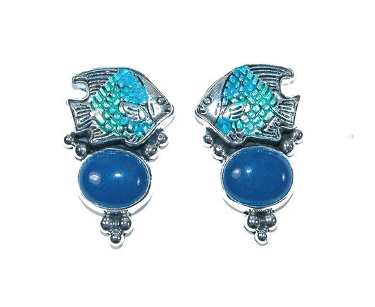 32025 Hand Enameled Fish, Blue Onyx, Sterling Silver Earrings