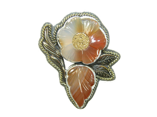 29170 Flower Carved Carnelian, Gold Clad Druzy Agate, Sterling Silver Pin and Pendant