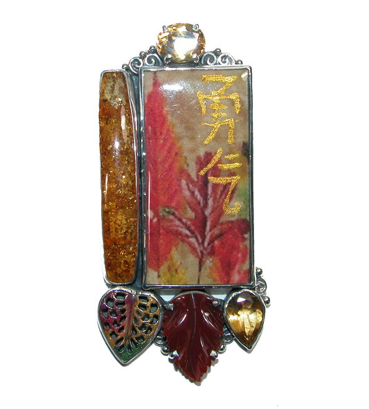 31894 Carnelian, Amber, Citrine, Enameled Leaf Tile, Sterling Silver Pin and Pendant