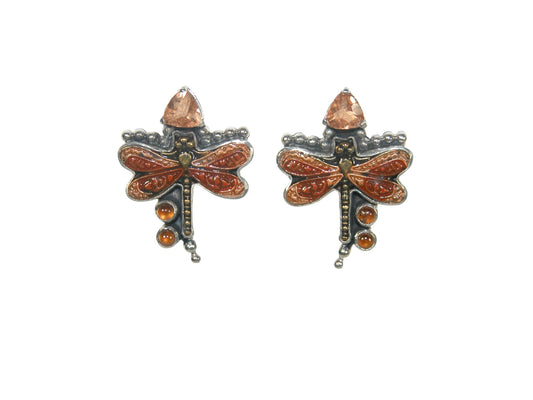 32872B Hessonite, Hand Enameled Dragonfly, Quartz, Sterling Silver Earrings