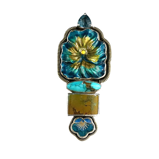 Hand Enamel Flower, Turquoise Sterling Silver Pin Pendant