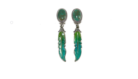 32533 Turquoise, Peridot, Hand Enamel, Sterling Silver Feather Earrings