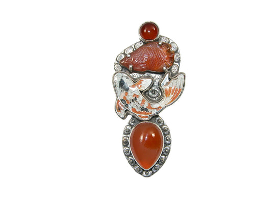 33174 Hand Enameled, Carnelian, Sterling Silver Fish Pin and Pendant