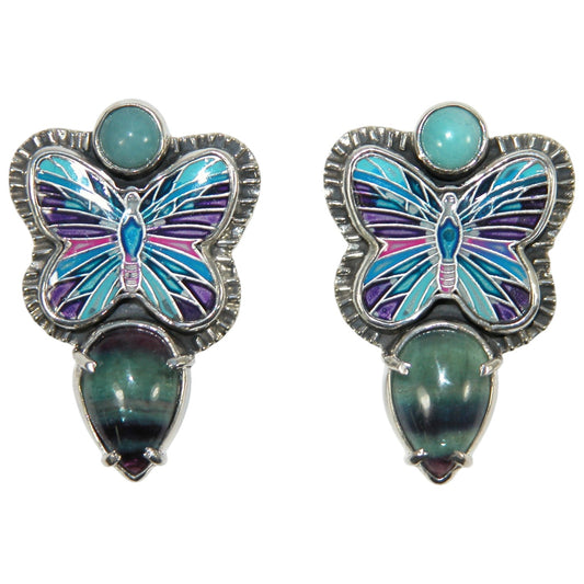32550 Fluorite, Turquoise, Enameled Butterfly Sterling Silver Earrings