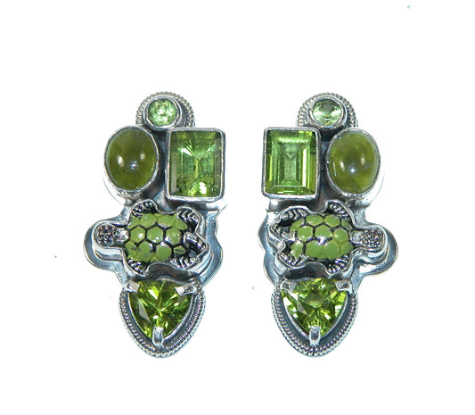 31509 Green Turtle Veridot, Vesuvianite, Hand Enamel Sterling Silver Earrings