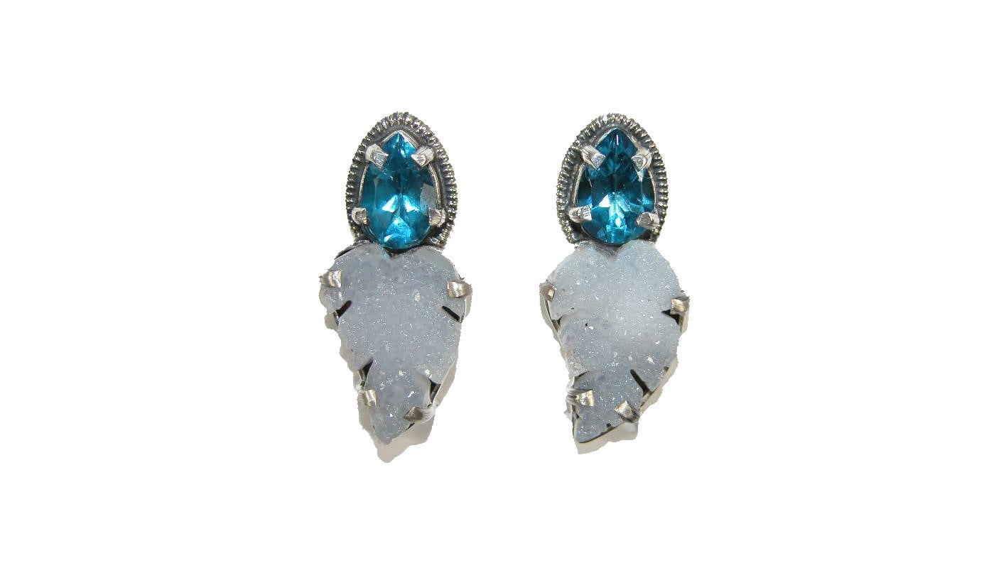 32551B Aquamarine, Druzy Quartz Leaf, Sterling Silver Earrings