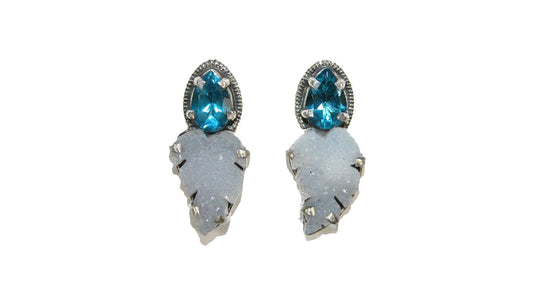 32551B Aquamarine, Druzy Quartz Leaf, Sterling Silver Earrings