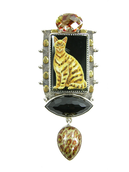 21064 Hand Enamel Cat Tile, Onyx, Quartz, Agate, Sterling Silver Pin and Pendant