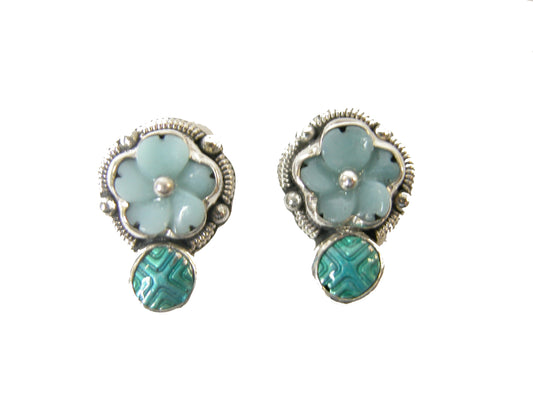 32181 Blue Hand Enamel Flower Sterling Silver Earrings