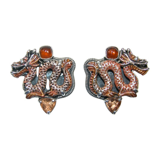 33413 Hand Enamel Citrine Dragon Sterling Silver Earrings