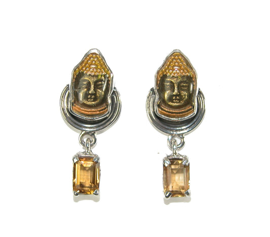 31257 Citrine, Hand Enameled Buddha, Sterling Silver Earrings