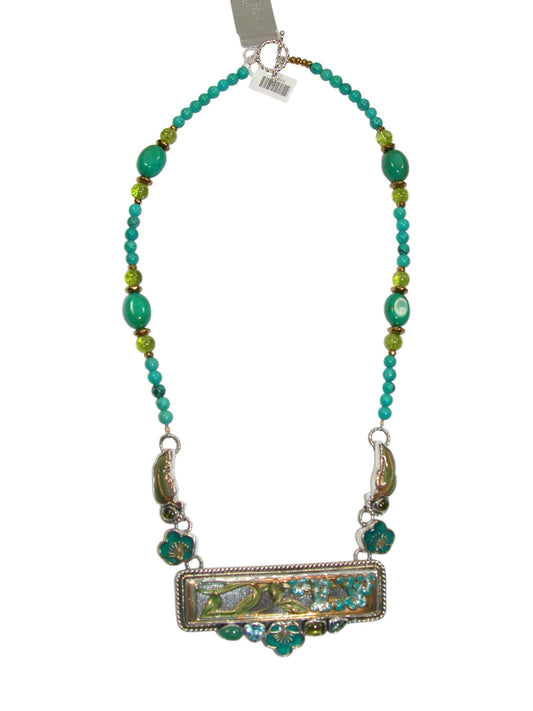 32975 Turquoise Enameled Flower, Sterling Silver Necklace