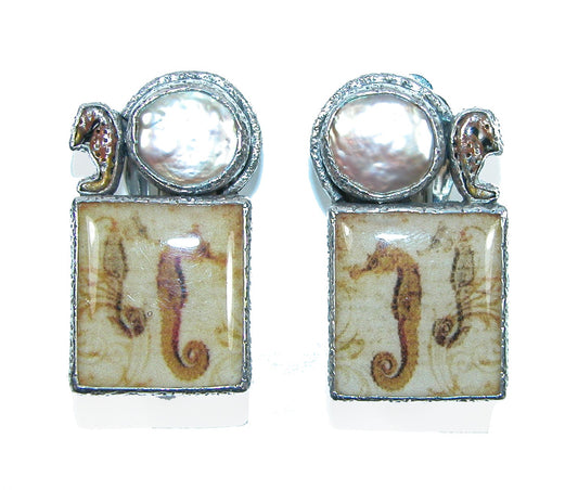 32024 Pearl Seahorse Enamel, Sterling Silver Earrings