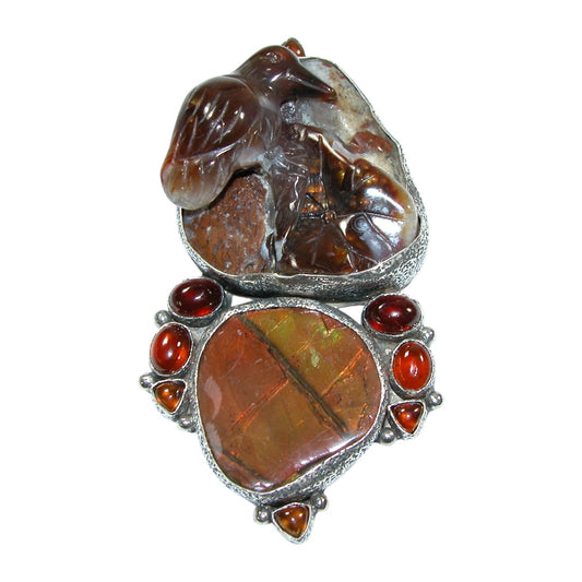 32801 Carved Bird Agate Carnelian Sterling Silver Pin Pendant