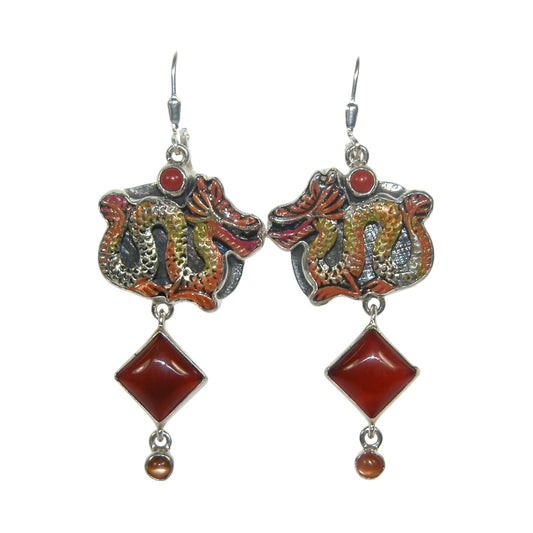 32708 Hand Enamel Dragon, Carnelian Sterling Silver Earrings