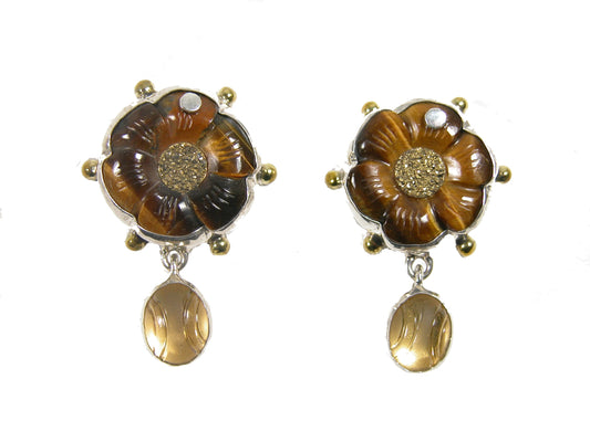 31761 Tiger Eye Flower Sterling Silver Earrings