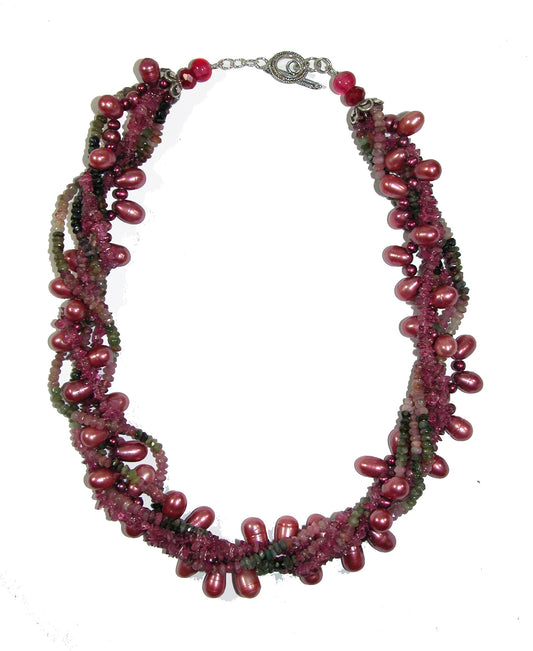 20061 Tourmaline, Freshwater Pearl, Berry Quartz, Sterling Silver Neclace