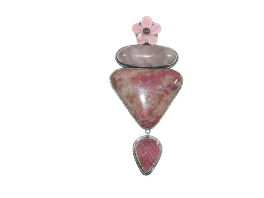 32969 Carved Flower, Pink Tourmaline, Rose Quartz, Sterling Silver Pin and Pendant