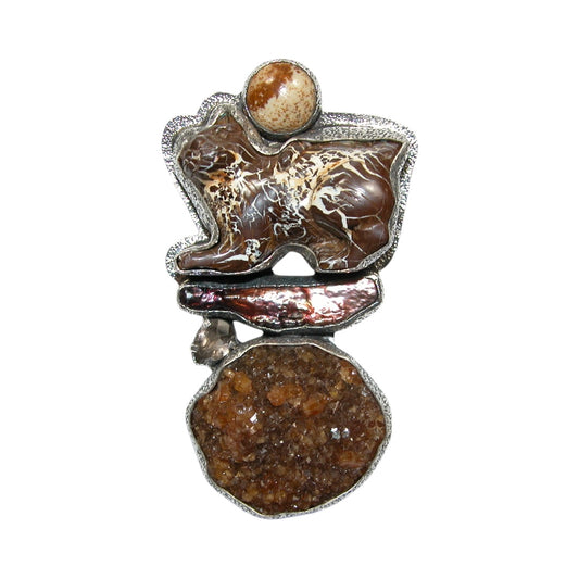 32732 Hand Carved Jasper Cat, Freshwater Pearl Sterling Silver Pin Pendant