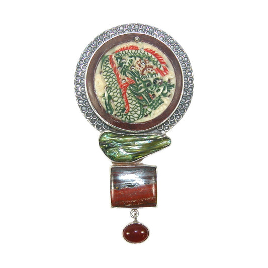 32950 Carved Dragon, Freshwater Pearl Sterling Silver Pin Pendant