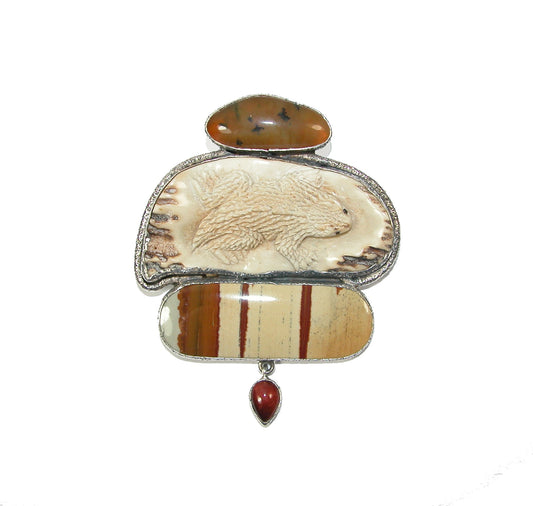 30222 Hand Carved Fossil Ivory, Dendritic Agate, Carnelian, Jasper, Pin and Pendant