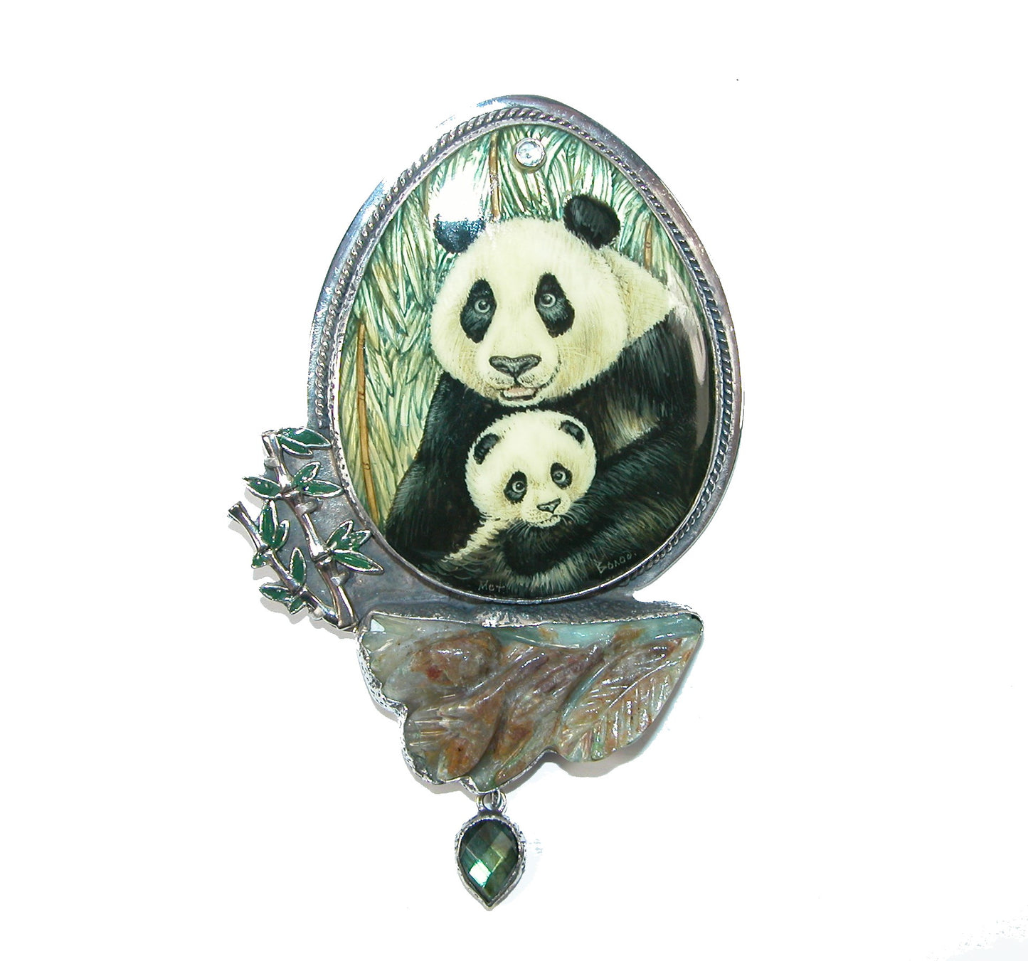 31456 Hand Painted on Mother of Pearl , Peruvian Opal, Labradorite, Sterling Silver Pin and Pendant