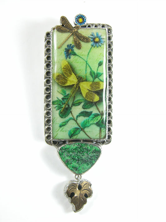 31070 Uvarovite, Handmade Dragonfly Tile, Enamel, Sterling Silver Pin and Pendant