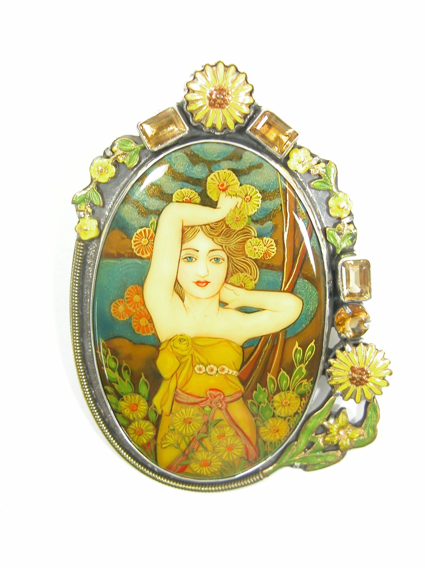 31435 Hand Painted Lady, Citrine, Sterling Silver Pin and Pendant