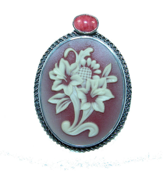 32274 Flower Cameo, Spiny Oyster, Sterling Silver Pin and Pendant